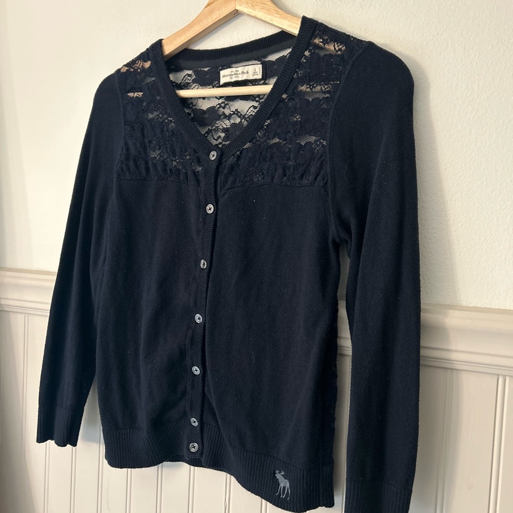 Y2K Abercrombie & Fitch Large Navy Blue Lace Button-Down Cardigan - Picture 4 of 8
